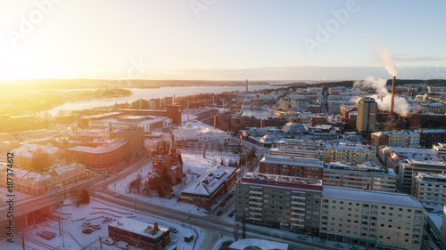 Aerial panoramic view of beautiful city. Tampere city center at winter, Finland