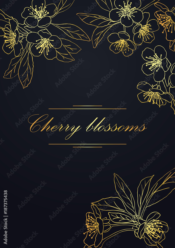 Fototapeta premium card with stylized cherry blossom . golden blossoming cherry on a dark background. springtime.