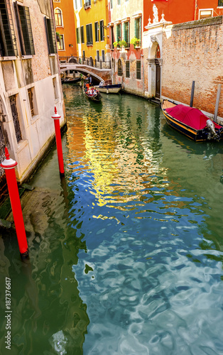 Gondola Touirists Colorful Small Side Canal Bridge Venice Italy photo