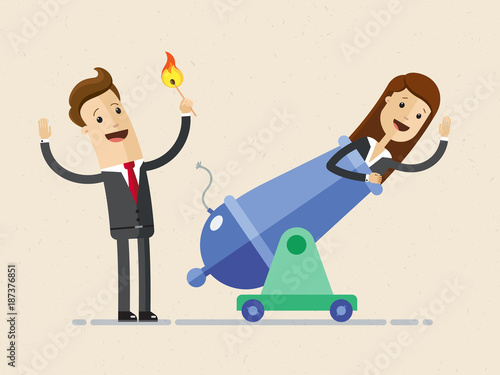 Businessman is setting on fire the cannon to fly woman out of it for making a first jerk of his business.