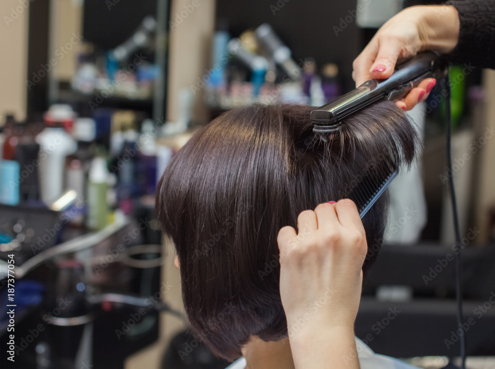 The hairdresser does aligns the hair with hair iron to a young girl, brunette in a beauty salon. Professional Hair Care The hairdresser does aligns the hair with hair iron to a young girl, brunette in a beauty salon. Professional Hair Care