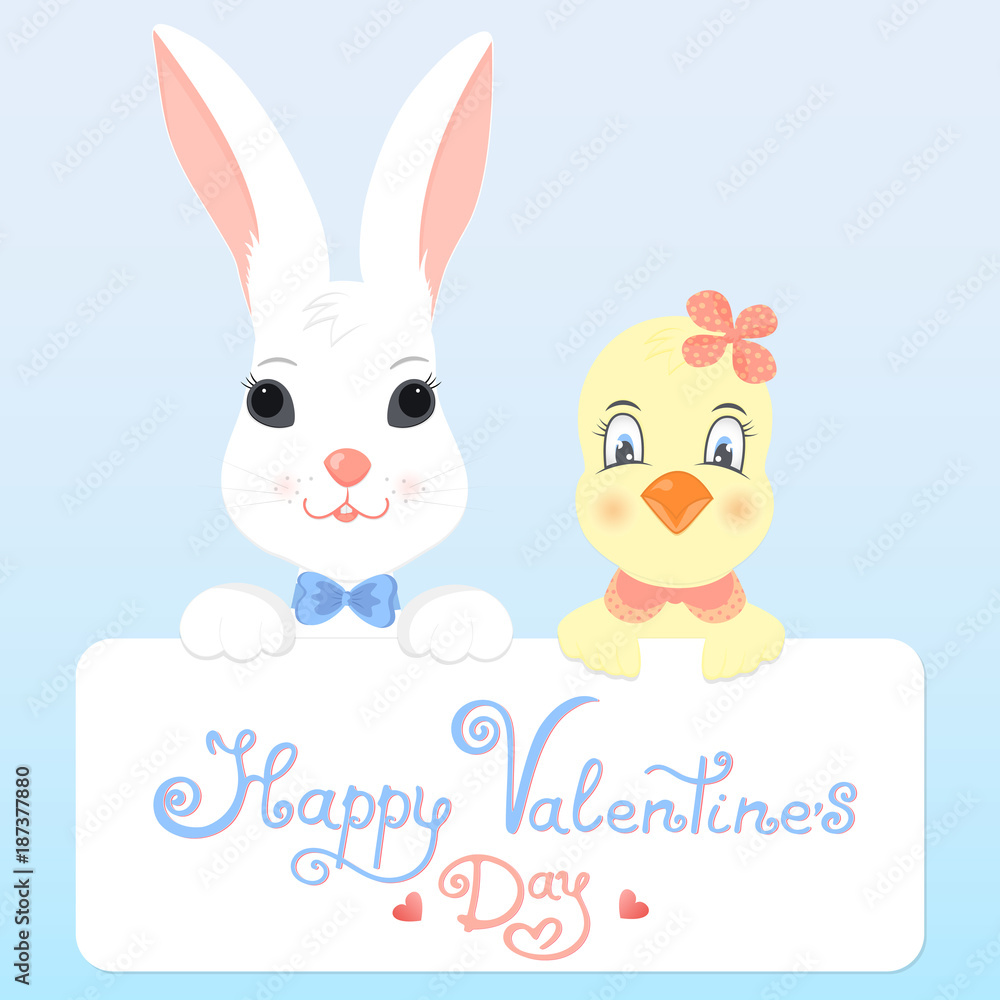 Funny bunny and chicken with a greeting card for Valentine's Day. Funny bunny and chicken with a greeting card for Valentine's Day.