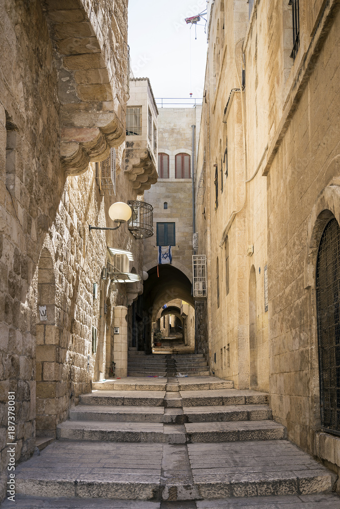 old town cobbled street in ancient jerusalem city israel