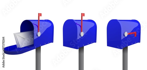 A set of mailboxes with a closed door, a raised flag, with an open door and letters inside. 3d illustration of blue mailbox with envelope, isolated on white background. Realistic vector illustration.