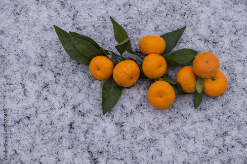 Tangerines with green leaves, lie on the first snow. © Александр Овсянников