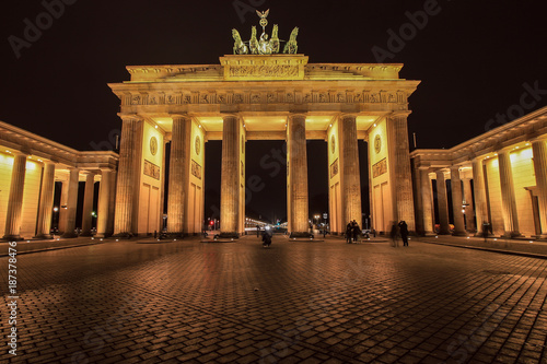 Classic vertical view of historic Brandenburg Gate Germany's most famous landmark and a national symbol at night 