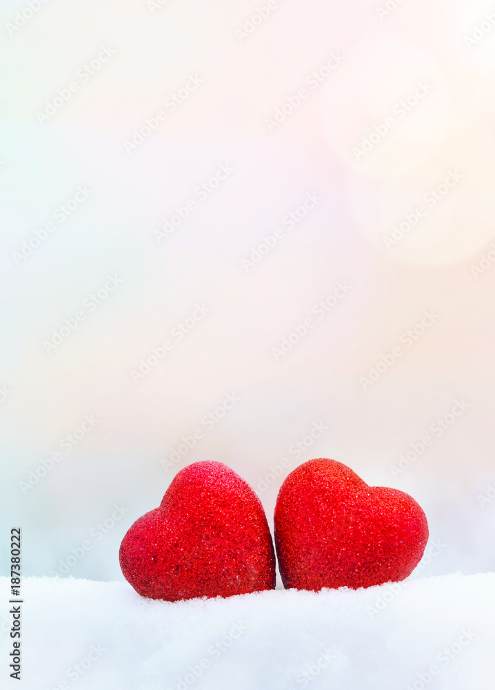 Two red hearts on white background. Composition for Valentines day or wedding.Place for text. Copy space. Two red hearts on white background. Composition for Valentines day or wedding.Place for text. Copy space.