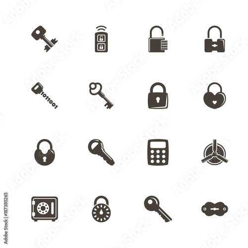 Keys and Locks icons. Perfect black pictogram on white background. Flat simple vector icon.