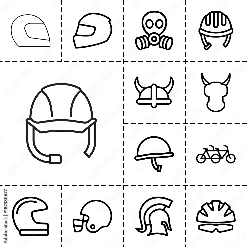 Helmet icons. set of 13 editable outline helmet icons