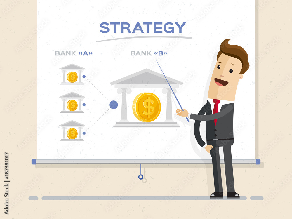 Fototapeta premium Businessman and graphs on projector screen. Illustration flat