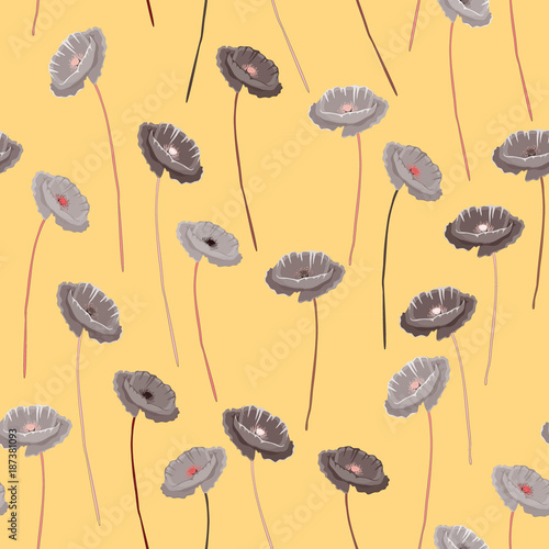 Grey flowers seamless pattern. Vector illustration on light orange background