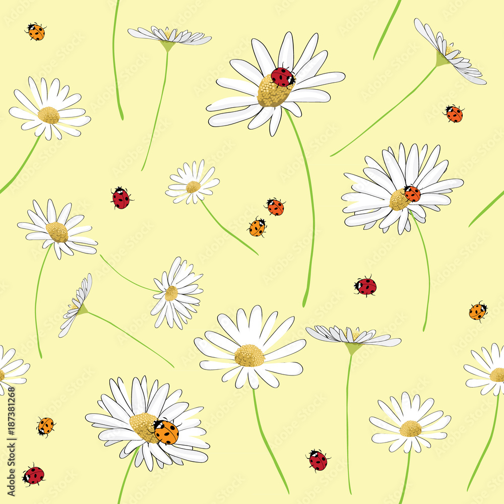 Fototapeta premium Daisies and ladybugs seamless pattern. Vector illustration on light yellow background