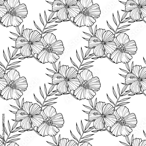 Tropical flowers, palm leaves, jungle plants, orchid, bird of paradise flower, pink seamless vector floral pattern background, exotic botanical wallpaper, vintage boho style