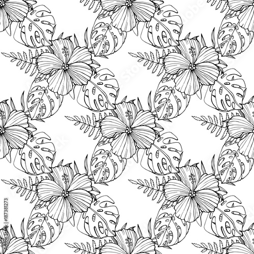 Tropical flowers, palm leaves, jungle plants, orchid, bird of paradise flower, pink seamless vector floral pattern background, exotic botanical wallpaper, vintage boho style