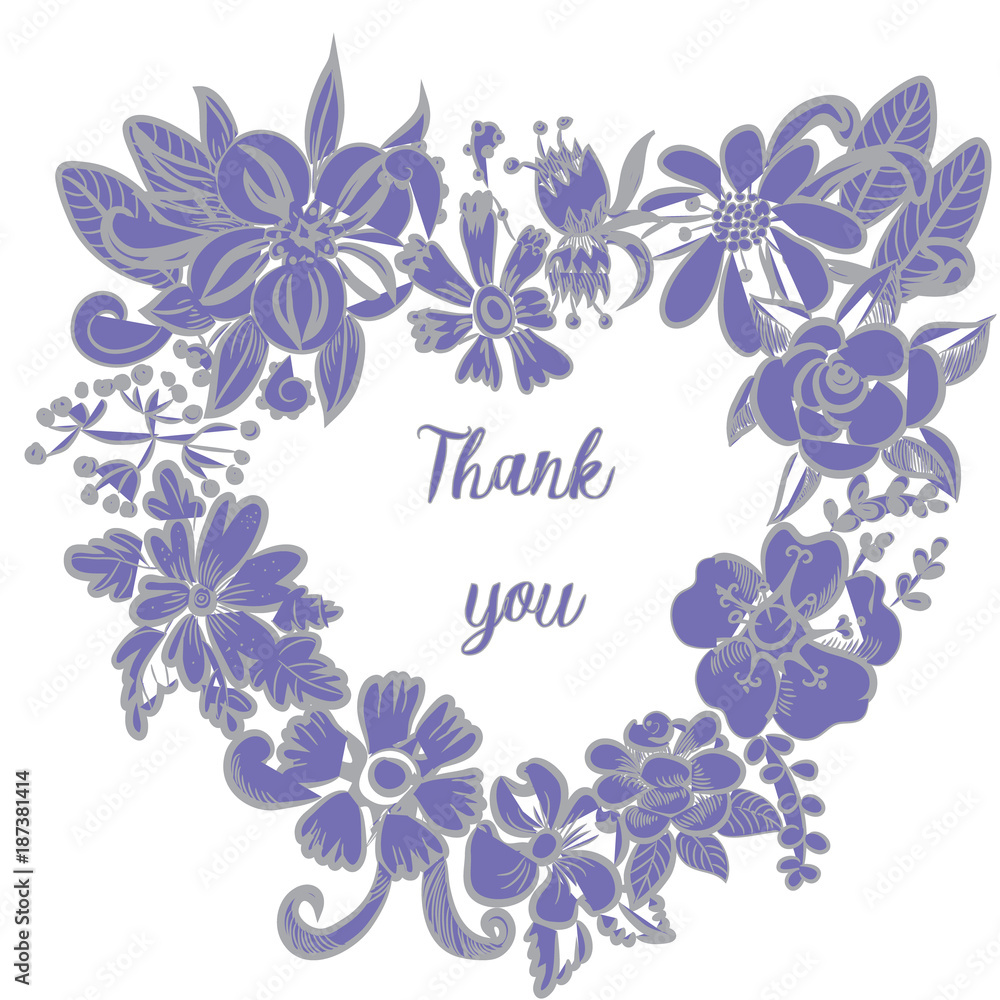 Vector illustration of heart made from blue flowers on white background. Thank you written in the middle Vector illustration of heart made from blue flowers on white background. Thank you written in the middle
