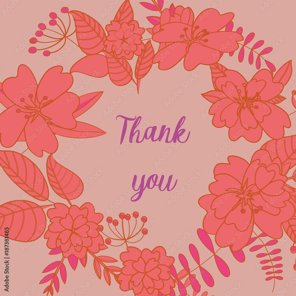 Obraz Vector illustration of floral wreath made from red flowers on pink background. Thank you written in the middle.