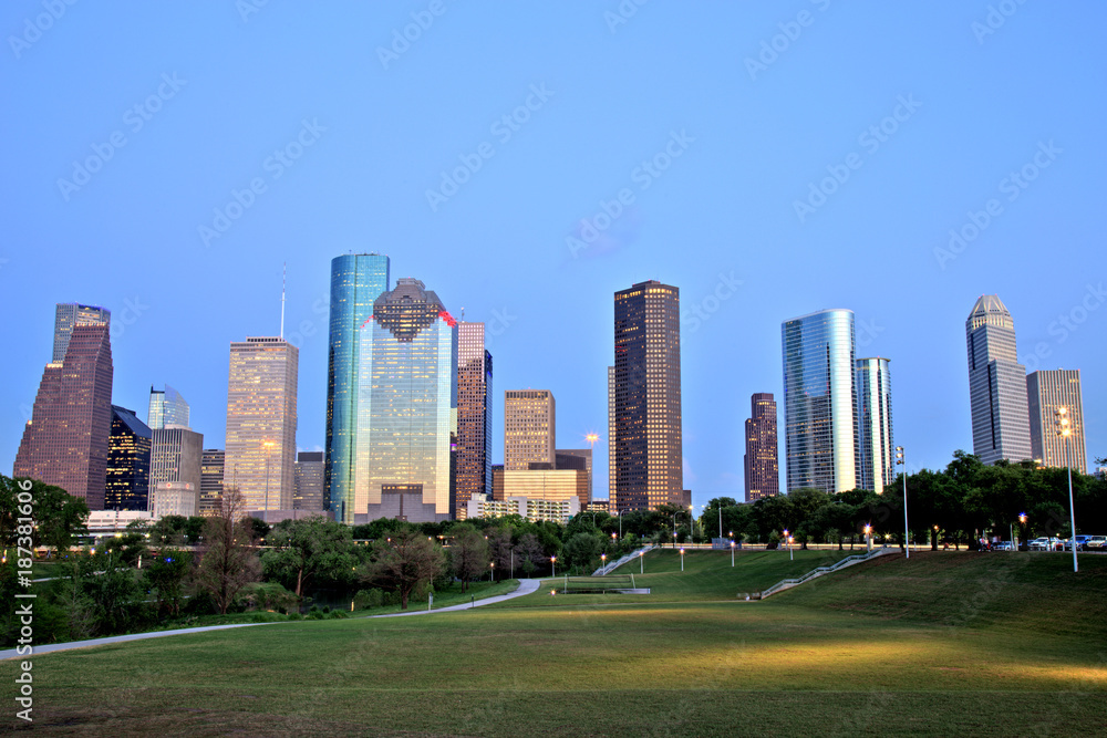 Houston Downtown Skyline Illuminated at Blue Hour