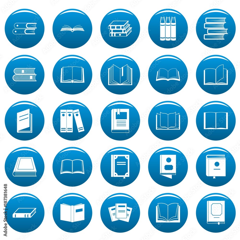 Book icons set blue. Simple illustration of 25 book vector icons for web