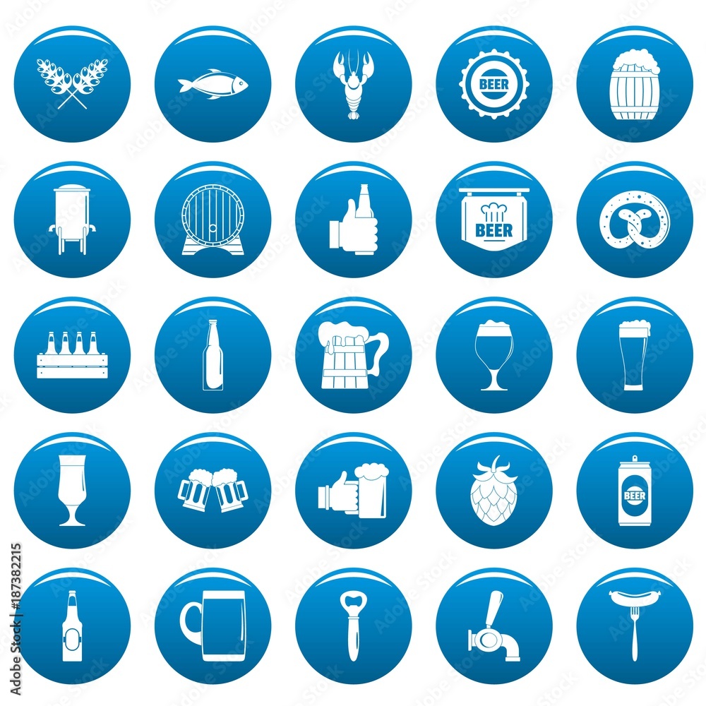 Beer icons set blue. Simple illustration of 25 beer vector icons for web
