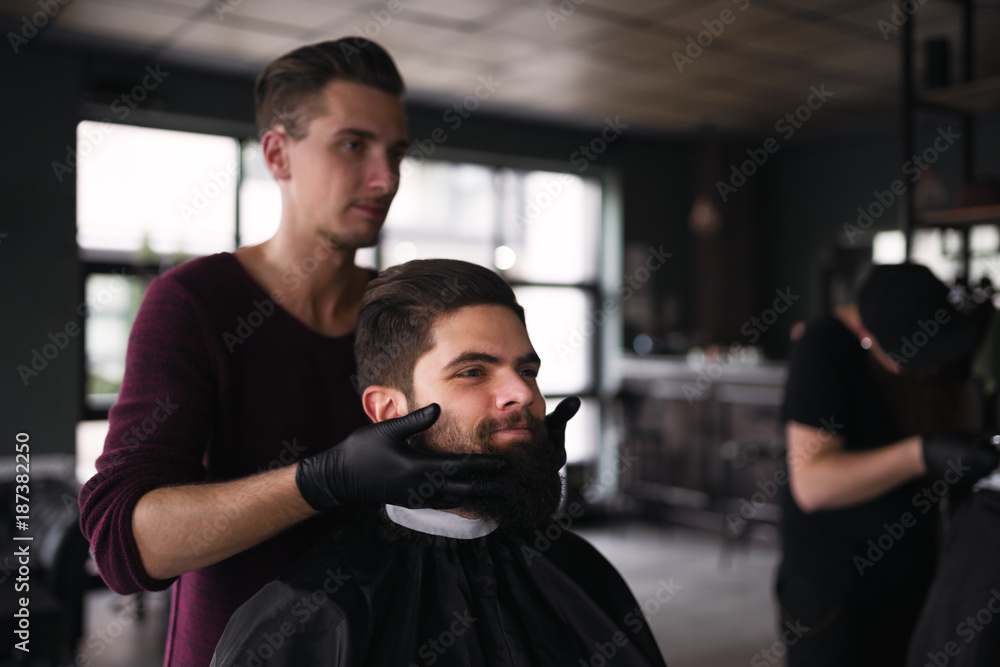 Male stylist grooming customer's beard at barber shop Male stylist grooming customer's beard at barber shop
