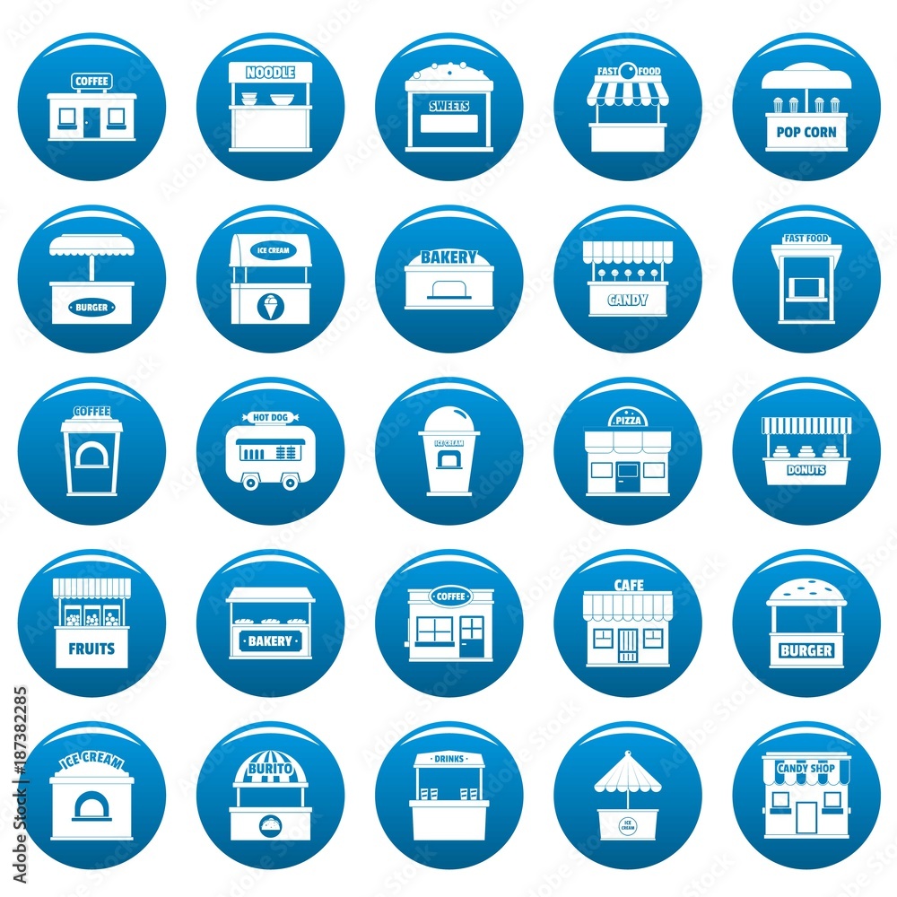 Street food kiosk icons set blue. Simple illustration of 25 street food kiosk vector icons for web