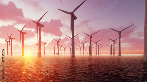 Wind farm at dusk and sea 3D render