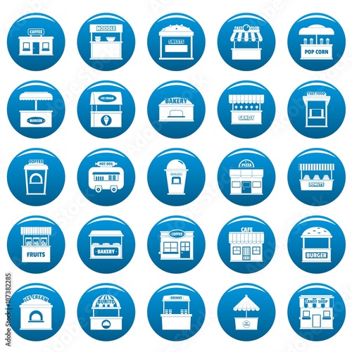 Street food kiosk icons set blue. Simple illustration of 25 street food kiosk vector icons for web