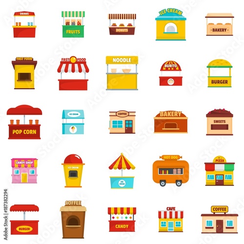 Street food kiosk icons set. Flat illustration of 25 street food kiosk vector icons isolated on white background