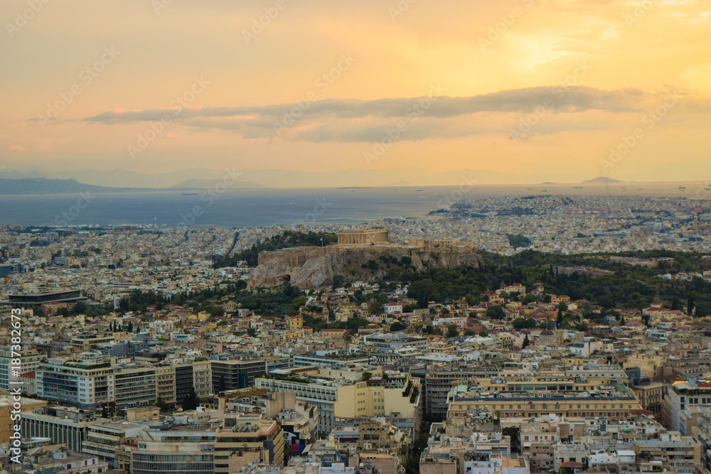 Athens cityscape at sunset.
