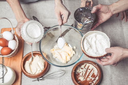 Wallpaper Mural Mothers and children's hands cook dough for home-made cookies. We cook in kitchen together with children. Happy family Torontodigital.ca