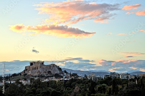 Illuminated Acropolis in Athens, Greece at dusk