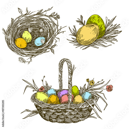 Beautiful vintage set of  Easter eggs. Engraving style. Vector illustration.