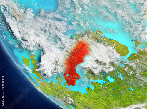 Satellite view of Sweden in red