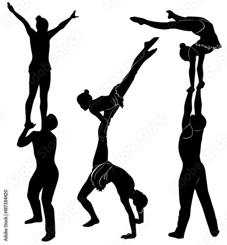 acrobatic stunt. Gymnasts acrobats vector black silhouette. Gymnasts acrobats vector