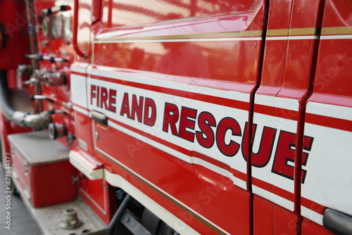 Canvas Print fire and rescue words on the red fire truck
