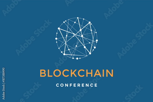 Template emblem for blockchain technology. Circle with connected lines for brand of smart contract block symbol. Design for decentralized transactions and cryptocurrencies network. Vector Illustration