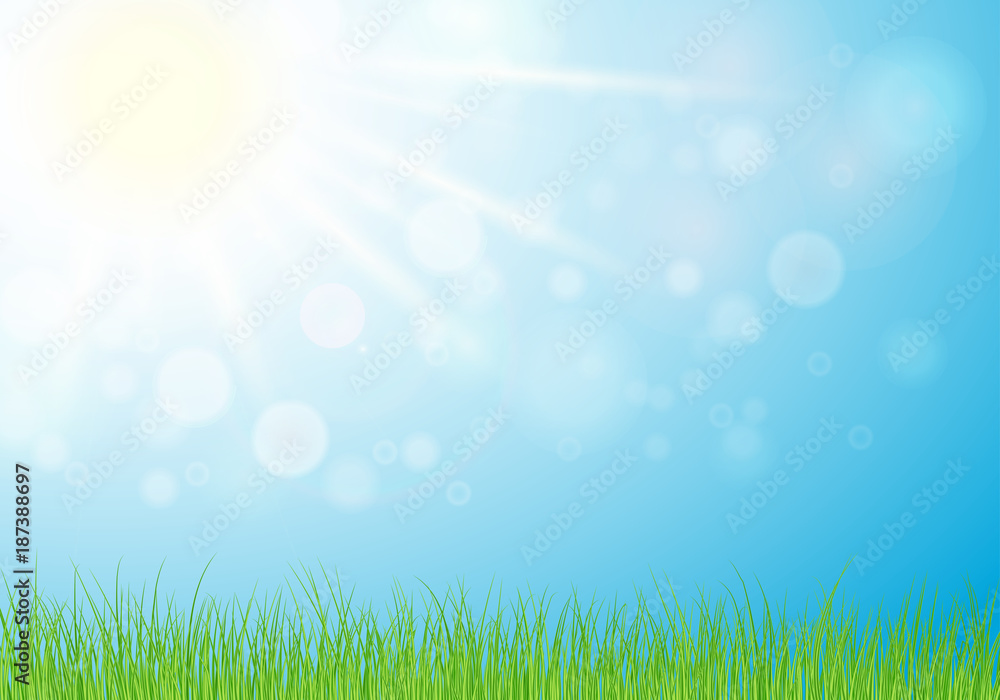 Sunny day, spring or summer nature background with grass , sun light on blue sky background.  illustration.Eps 10.