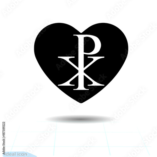 Icon heart. A symbol of happy love. Valentine s Day. Flat style for design, logo. Shadow. Vector. Chi RHO symbol with drop shadow. Christogram. Labarum isolated on white background. Khrismon.