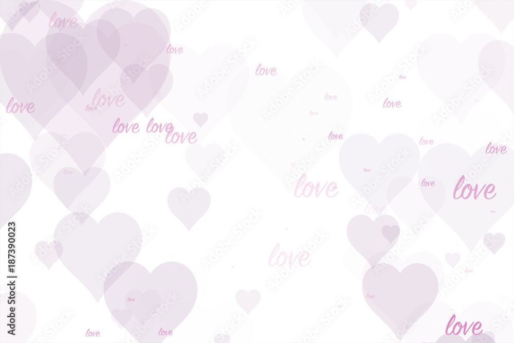 Abstract pink colored hearts with love word message on white background. 