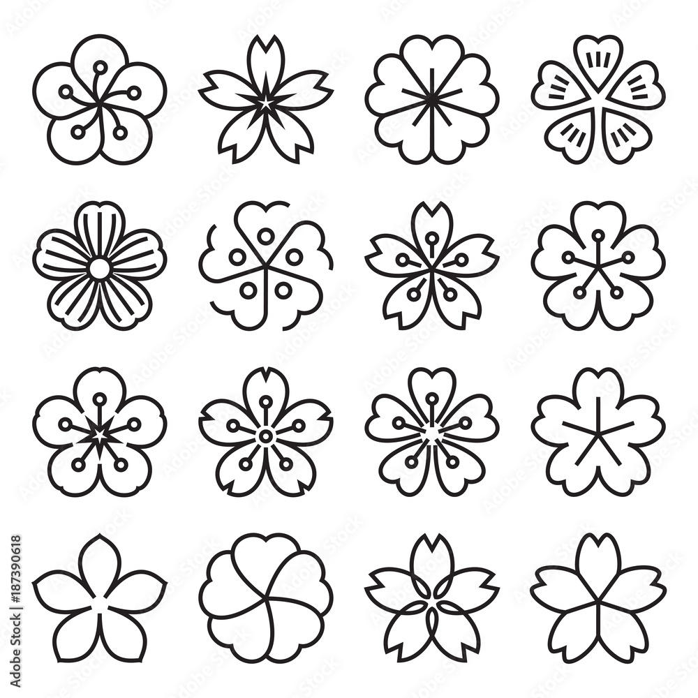 Sakura icons. Collection of 16 linear Japanese cherry blossom symbols isolated on a white background. Editable stroke. Vector illustration Sakura icons. Collection of 16 linear Japanese cherry blossom symbols isolated on a white background. Editable stroke. Vector illustration