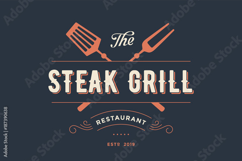Label of Steak Grill restaurant with grill fork, text Steak Grill, Restaurant. Graphic template for meat business - restaurant, bar, cafe, food court, design - menu, poster, label. Vector Illustration