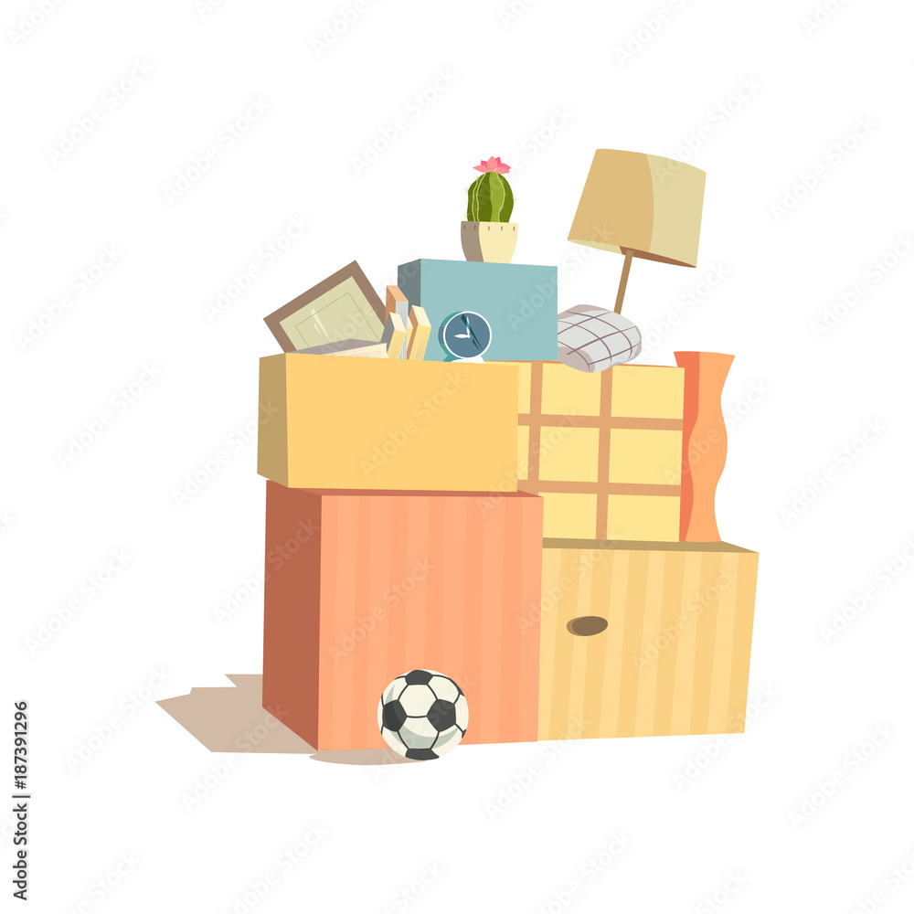 Home change concept. Package to move to new house, moving cardboard boxes  and domestic objects. Relocation to apartment, paper container delivery  packing. Comic fancy flat cartoon. Vector illustration Stock Vector | Adobe