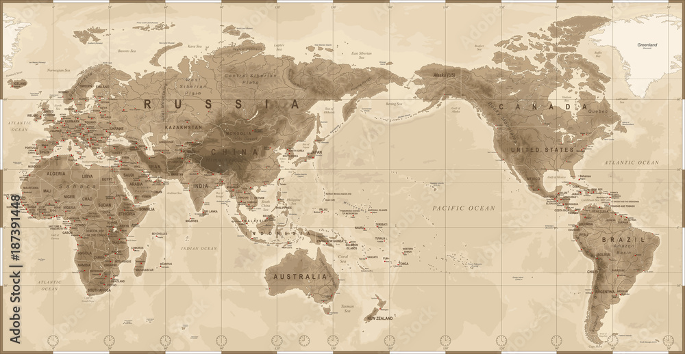 Obraz premium World Map Physical Vintage - Asia in Center - China, Korea, Japan