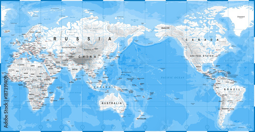 World Map Physical White - Asia in Center - China, Korea, Japan