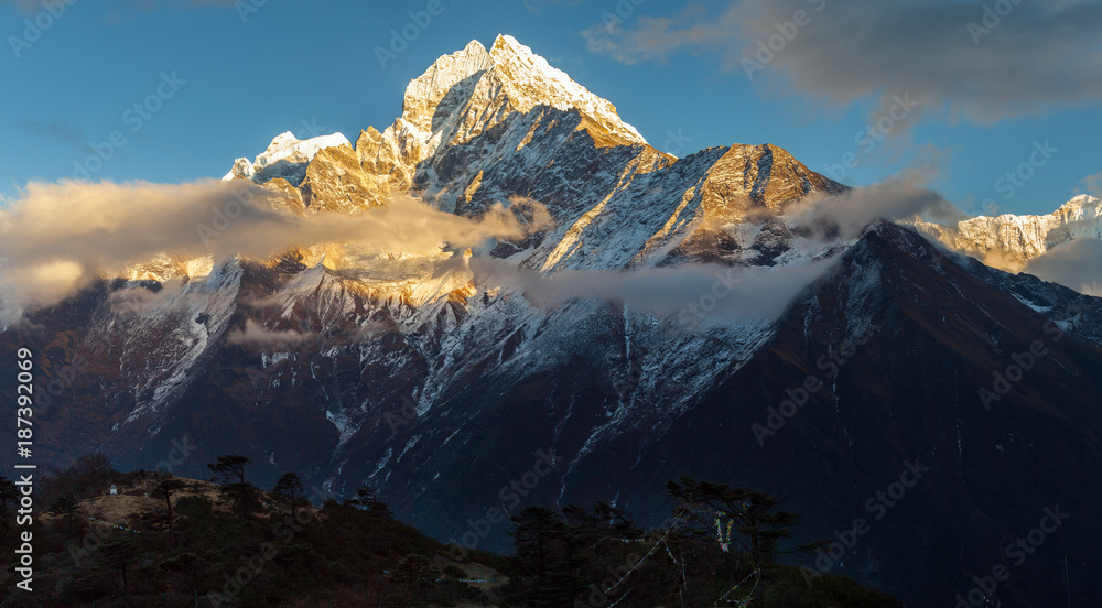 mountains in Himalayas, Nepal, on the hiking trail leading to the Everest base camp.