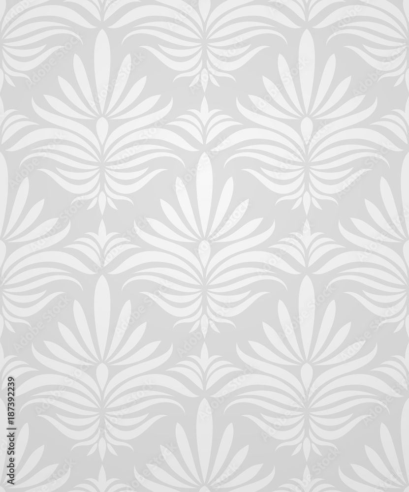 Vector wallpaper background. Gray damask pattern with lighting.