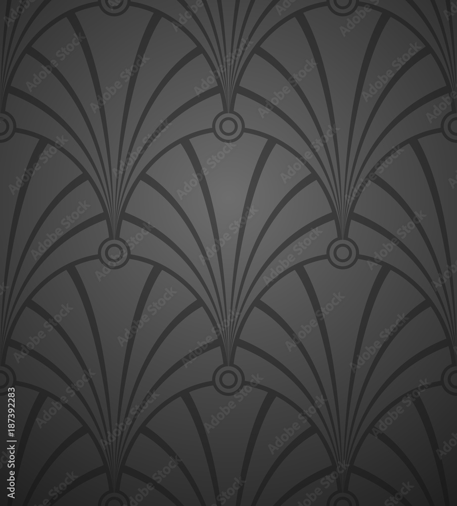 Naklejka premium Vector wallpaper background. Black damask pattern with lighting.