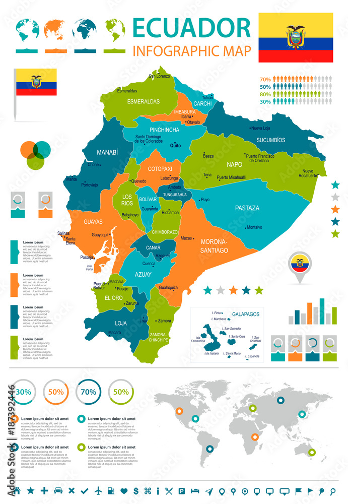 Obraz premium Ecuador - infographic map and flag - Detailed Vector Illustration