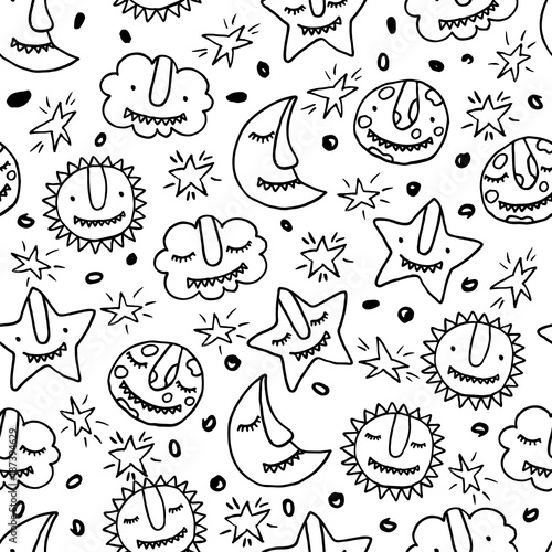 Vector kids seamless pattern with monsters sun, cloud, star, moon, crescent. ...