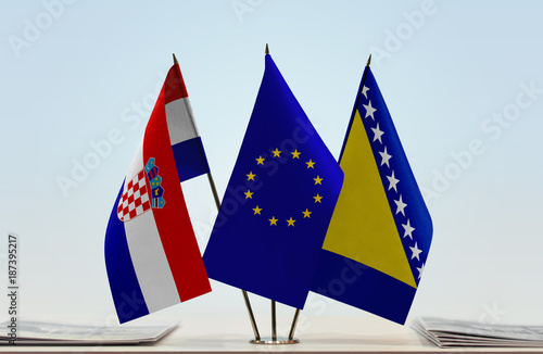 Flags of Croatia European Union and Bosnia and Herzegovina